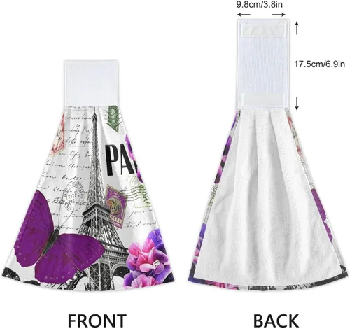 Vista 4 de STAYTOP Juego de 2 toallas de mano de mariposa morada y torre Eiffel, suaves y de rápida absorción, toallas colgantes o calcomanías mágicas