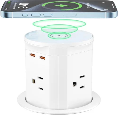 Vista 9 de QBA Toma de corriente desplegable para encimera con PD 20 W USB-C, cargador inalámbrico de 15 W, toma de corriente desplegable con 4 tomas, 3