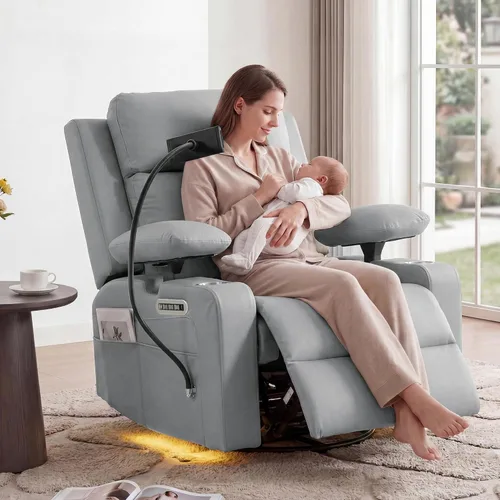 Mecedora para guardería con reposabrazos ajustables, silla reclinable Gris claro