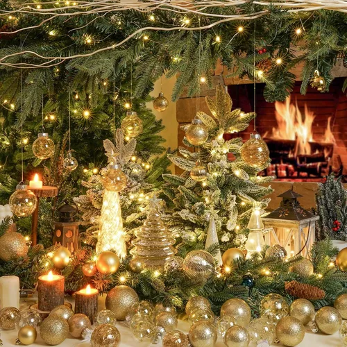 Vista 4 de XmasExp Juego de adornos de esferas de Navidad de 32 piezas, de plástico transparente inastillable dorado, esferas colgantes para el árbol