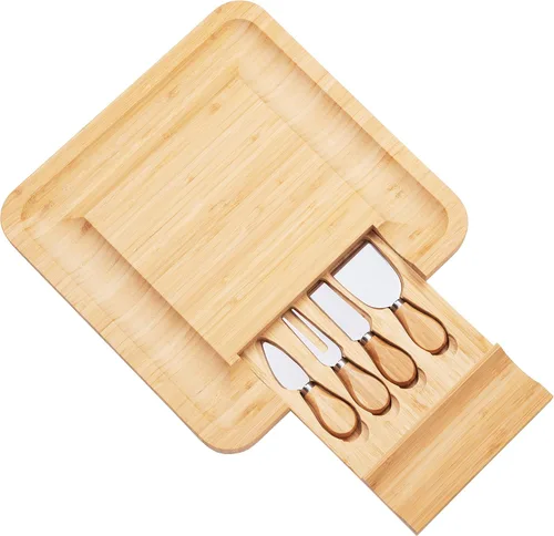 Vista 7 de Dynamic Gear. - Juego de tabla de quesos de bambú con juego de cuchillos en cajón deslizante que incluye 4 utensilios de acero inoxidable