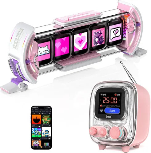 Divoom Times Gate Rosa y Tiivoo-2 Rosa, Cyberpunk - Reloj digital con control inteligente de aplicación y mini TV altavoz Bluetooth retro, bonita
