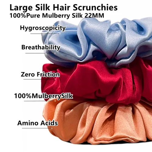 Vista 7 de Suncdelv Seda, coleteros 100% seda para el cabello, lazos para el cabello de 22 momme para antiarrugas y roturas, accesorios naturales para el Azul