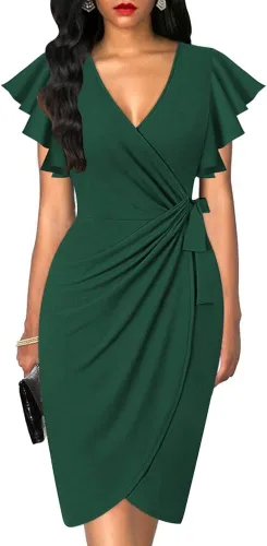 oten - Vestido tubo cruzado de imitación para mujer, escote en V profundo, manga con volantes, estilo casual, para cóctel, fiesta, trabajo