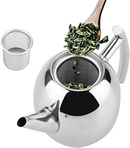 Tetera de acero inoxidable pulido con tapa/filtro de té con infusor extraíble, tetera para el hogar, tetera para hojas sueltas y bolsas de té