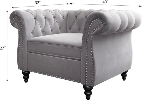 Vista 7 de Juego de 2 piezas para sala de estar, sofá loveseat Chesterfield de terciopelo con silla, brazos enrollados y tachuelas para sala de estar, oficina