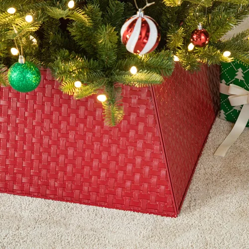 Vista 7 de Glitzhome Collar de árbol de tejido de metal rojo trapezoidal de 25.75 pulgadas de largo, para árboles de Navidad rústicos, anillo de árbol