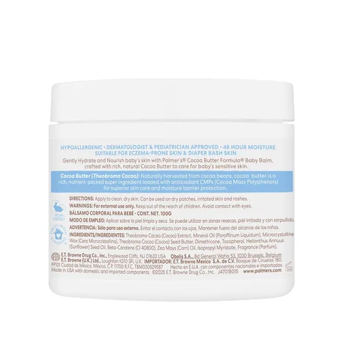 Vista 3 de Palmer's Bálsamo para bebé, fórmula de manteca de cacao, crema hidratante para bebés, 3.5 oz, nutritiva para piel seca, eczema, costra láctea