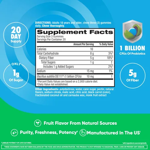 Vista 4 de Digestive Advantage Gomitas de Fibra Prebiótica + Probióticos para la Salud Intestinal, 5g de Fibra Prebiótica Más 1 Mil Millones de UFC