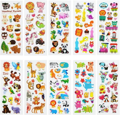 Vista 2 de 24 hojas (más de 400 unidades), calcomanías hinchadas en 3D de animales para niños pequeños, hojas de calcomanías preescolares a granel