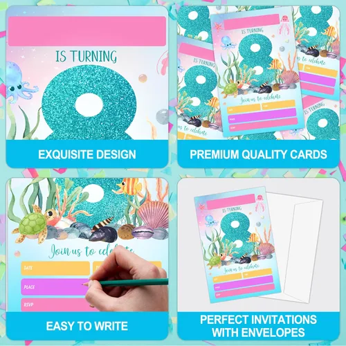 Vista 7 de Invitaciones para fiesta de cumpleaños número 8 con sobres (4 x 6 pulgadas), paquete de 20 unidades, invitaciones para fiesta de cumpleaños