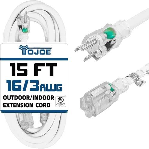 Vista 28 de YOJOE Cable de extensión para interiores y exteriores, calibre 16, SJTW, resistente, 15 pies, color verde, 3 clavijas 13A, resistente a