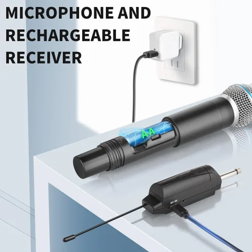Vista 6 de Depusheng Micrófono inalámbrico, sistema profesional de micrófono dinámico inalámbrico de mano dual con receptor recargable (160 pies), juego