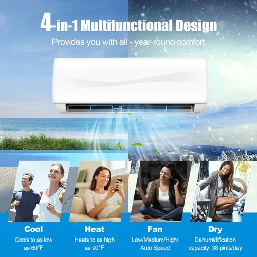 Vista 2 de PETSITE 9000 BTU Mini Split Aire acondicionado pre-cargado Inverter Sistema de bomba de calor, 17 SEER2 208V-230V montado en la pared, unidad de CA
