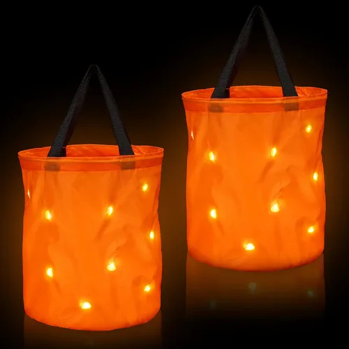 Vista 8 de Shappy 2 bolsas de dulces de Halloween con luz LED, para dulce o truco, cubo de dulces de Halloween, multiusos, reutilizable, para suministros