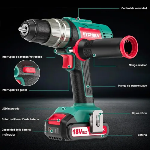 Vista 3 de HYCHIKA - Taladro de martillo inalámbrico de 18 V, taladro eléctrico de 400 In-lbs con mango auxiliar, mandril de metal de 1/2 pulgada, batería