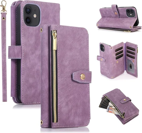 Vista 34 de UEEBAI Funda para iPhone 12 Mini de 5.4 pulgadas, 9 ranuras para tarjetas, cartera de cuero retro a prueba de golpes, con correa de mano, ranuras