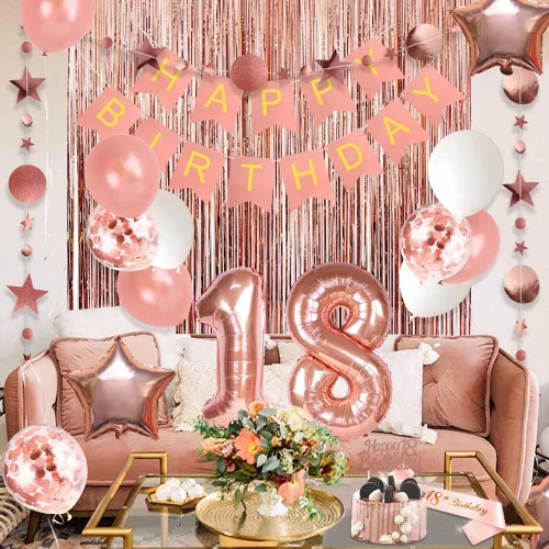 Vista 6 de Decoraciones de cumpleaños número 18 para niñas, pancarta de feliz cumpleaños, globo de aluminio número 18, decoración de pastel de papel de abanico