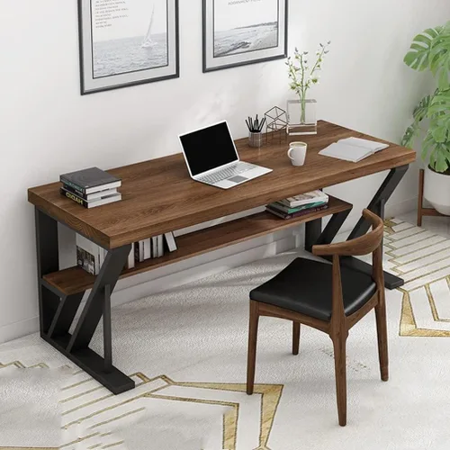 Vista 5 de Mesa moderna de madera maciza de metal, escritorio de computadora para oficina en casa, escritorio de estudio, con estante de almacenamiento/2.0 in