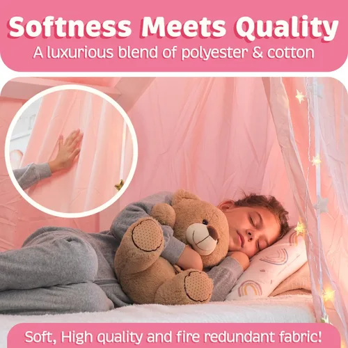 Vista 5 de Toldo de Cama Bollepo con Luces - Toldo Rosa de Princesa para Habitación de Niñas Individual, Doble, Matrimonial, Queen Cama Infantil, Toldo