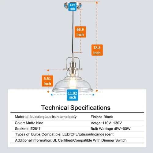 Vista 4 de Zlepmlla Lámpara colgante moderna de cristal, lámpara industrial de granja con cable ajustable, pantalla de vidrio semillado, luces colgantes