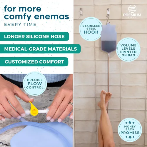 Vista 4 de PREMIUM Enema™ juego de bolsa de silicona transparente para enema, con llave de paso de precisión, válvula de retención, manguera larga de silicona