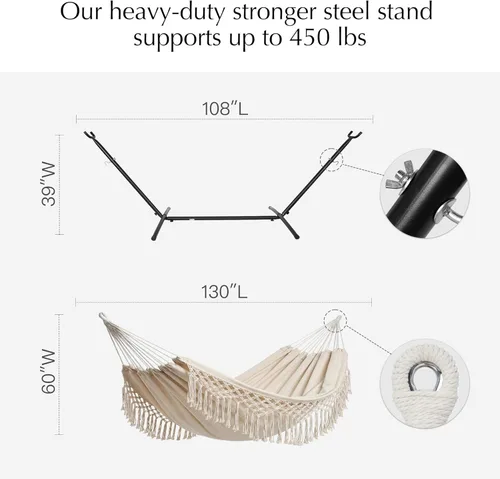 Vista 7 de PNAEUT Hamacas de borla hechas a mano, hamaca doble con soporte para exterior, capacidad máxima de 450 libras, almohada y bolsa de almacenamiento