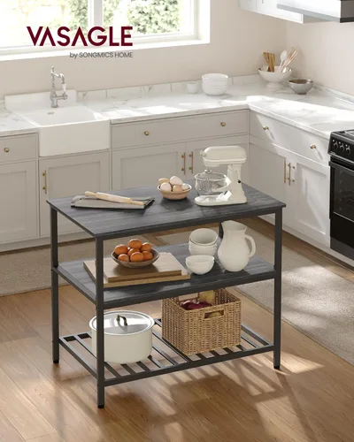Vista 72 de VASAGLE Isla de cocina con 3 estantes, estante de cocina de 47.2 pulgadas con encimera grande, estructura de acero estable, industrial, fácil