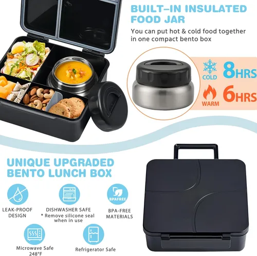 Vista 4 de Lonchera Bento con termo de sopa de 9.5 onzas, a prueba de fugas, 4 compartimentos, con cupcake de silicona, tenedor de frutas, cuchara y taza