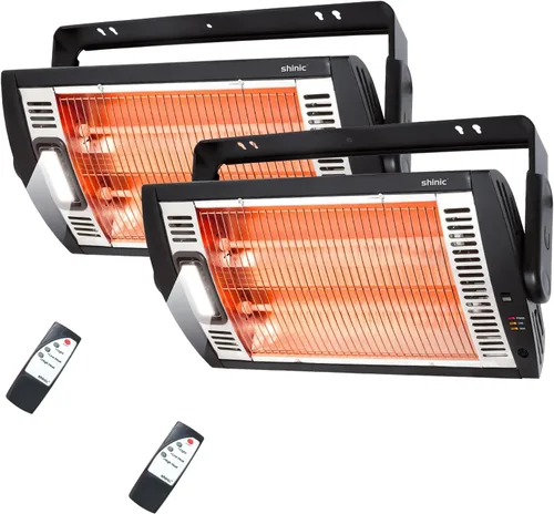 Shinic Paquete de 2 calentadores eléctricos de garaje con control remoto, calentador de cuarzo radiante montado en el techo de 1500 W/750 W con luz