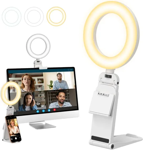 Vista 10 de Evershop Luz de Anillo para Portátil con Clip de Escritorio, Iluminación de Videoconferencia de Computadora Pequeña con Soporte para Teléfono/Cámara