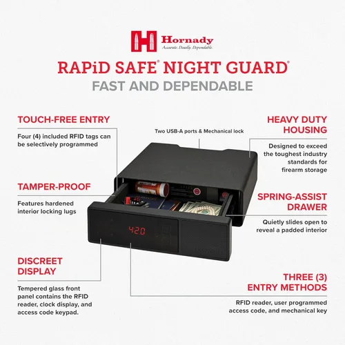 Vista 3 de Hornady Protector de noche rápido – Caja fuerte para pistola de noche con lector RFID, reloj, puertos USB – Seguro RFID para entrada rápida