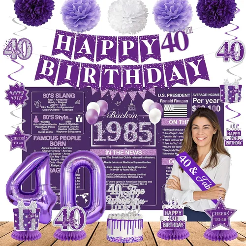 Vista 12 de Crenics Decoraciones moradas de cumpleaños 90 para mujer, telón de fondo, pancarta, remolinos, centros de mesa, banda, pompones de papel, decoración