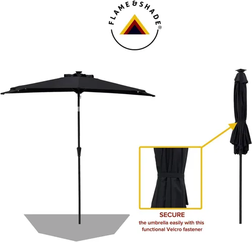Vista 3 de FLAME&SHADE 9 ft Half Round Solar Powered Outdoor Market Patio Table Umbrella for Wall Balcony with LED Lights and Tilt