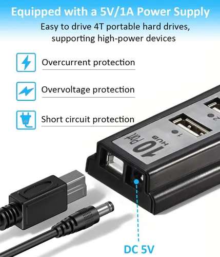 Vista 5 de Hub USB de 10 puertos, extensor de concentrador USB adaptador divisor de red con alimentación, para MacBook, PC, laptop, ratones, teclados