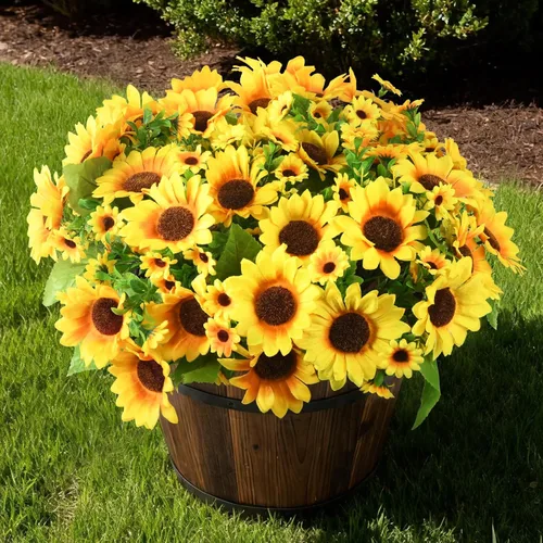 Homsunny Girasoles artificiales falsos para decoración al aire libre, 6 girasoles de seda sintética, realistas, resistentes a los rayos UV, para