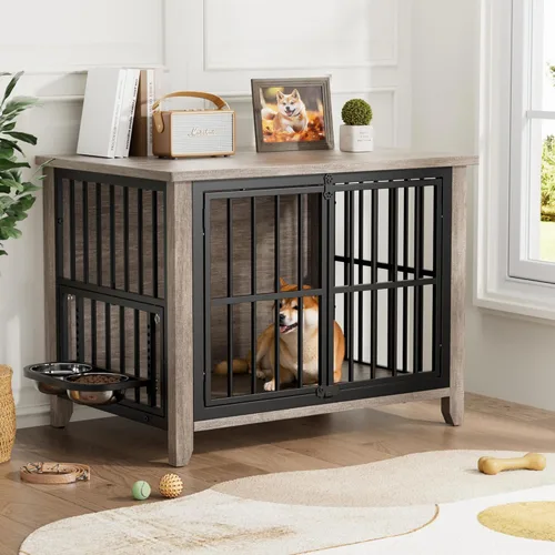 Vista 2 de Lulive Muebles de jaula para perros, perrera de madera para interiores con cuencos ajustables de 360° y altura para perros, muebles de puertas Gris