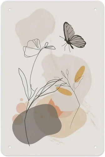 Abstract Botanical Illustration with Butterfly Metal Tin Sign Wall Decor Retro Sign for Home Living Room Bedroom Coffee Wall Decor Halloween