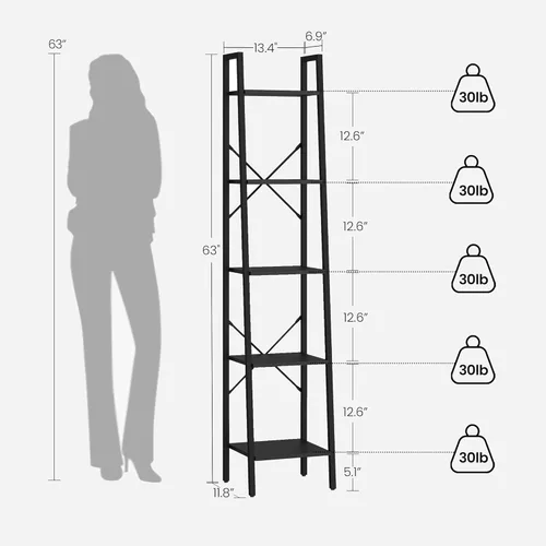 Vista 2 de Ladder Shelf, Bookshelf Bookcase, Freestanding Corner Storage Shelve with 2 Hooks for Home Office, Living Room, Kitchen, Bedroom, Industrial, 11.8