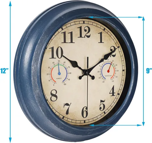 Vista 3 de Reloj de 12 Pulgadas para Exteriores con Termómetro e Higrómetro Combo, Reloj de Pared Impermeable para Interiores y Exteriores para Patio, Piscina