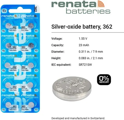 Vista 2 de Renata 362 SR721SW Baterías – 1.55 V Óxido de Plata 362 Batería de reloj (2 unidades)