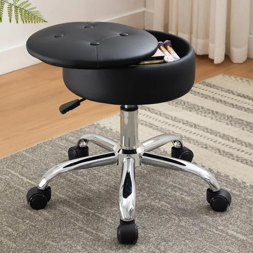 Vista 8 de Taburete Otomano Giratorio Silla para Sala de Maquillaje Taburete para Silla de Tocador Altura Ajustable Cuero Sintético Negro