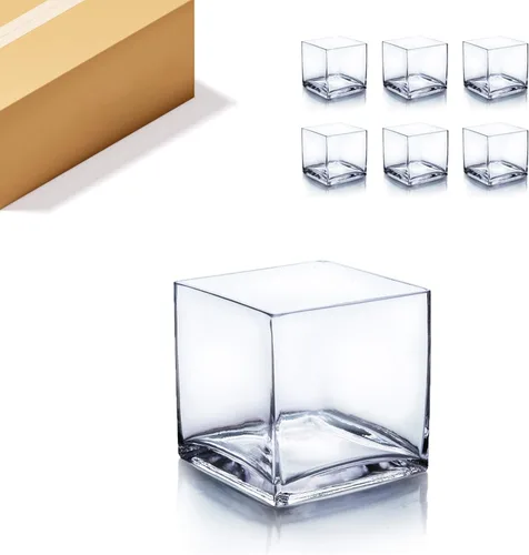 Vista 26 de WGV - Jarrón de cristal en forma de cubo, portavelas, 3 x 3 x 3 pulgadas, contenedor transparente elegante con decoración floral