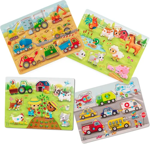 B. toys Peek & Explore Puzzle 4 – Pack – Juguetes de madera para niños pequeños – 8 piezas cada uno – Vehículos, camiones, animales, corral – 2+ años