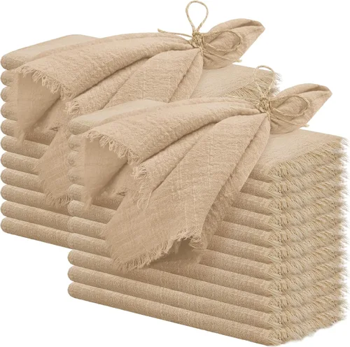 Vista 10 de 24 servilletas de tela hechas a mano con flecos beige, 16 x 16 pulgadas, delicadas servilletas de algodón rústico a granel para bodas, cenas, fiestas