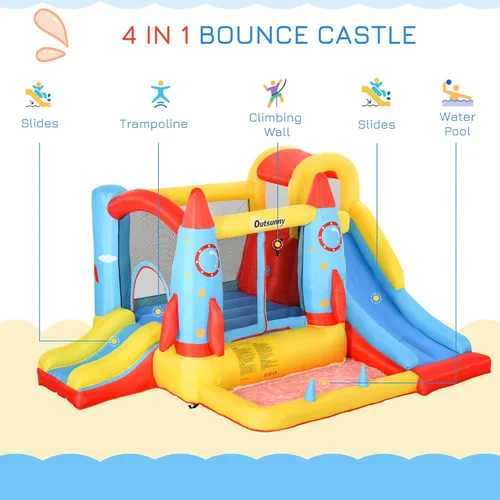 Vista 3 de Outsunny 4 en 1 castillo de salto inflable para niños con 2 toboganes, pared de escalada, trampolín, y área de piscina de agua