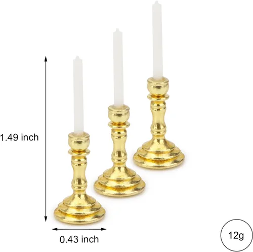 Vista 5 de Juego de 3 candelabros en miniatura para casa de muñecas, juego de 3 portavelas a escala 1/12, velas vintage para casa de muñecas, accesorios