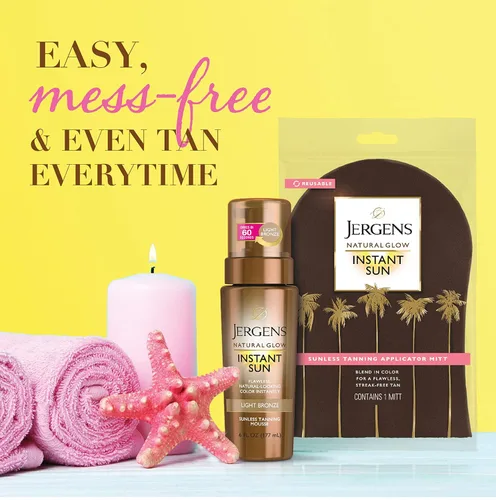Vista 6 de Jergens Natural Glow Instant Sun Body Mousse, bronceado de bronce profundo, autobronceador sin sol de 6 onzas con guante aplicador corporal