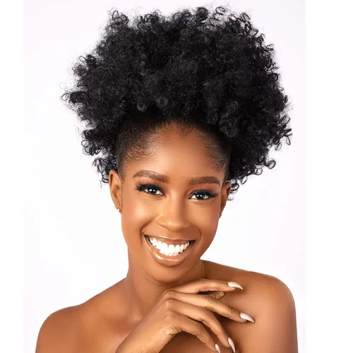 Vista 18 de Extensión de Cola de Caballo Rizada Afro Puff con Cordón para Mujeres Negras, Extensiones de Cabello Sintético Corto Afro Kinky Rizado, Extensión