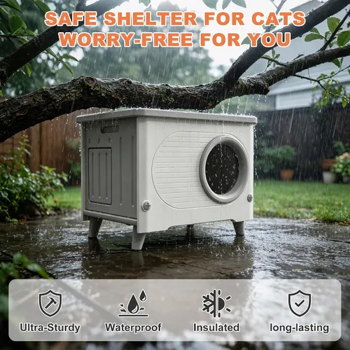 Vista 2 de Casa para gatos al aire libre, resistente a la intemperie, refugio para gatos con puerta de escape y solapa de puerta de PET, apilable elevado